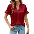 thumbnail image 2 of ClodeEU Women's Summer Satin Blouses ,Casual Ruffle Short Sleeve V Neck Business Work Cute Tops Red,Womens Plus XL, 2 of 8