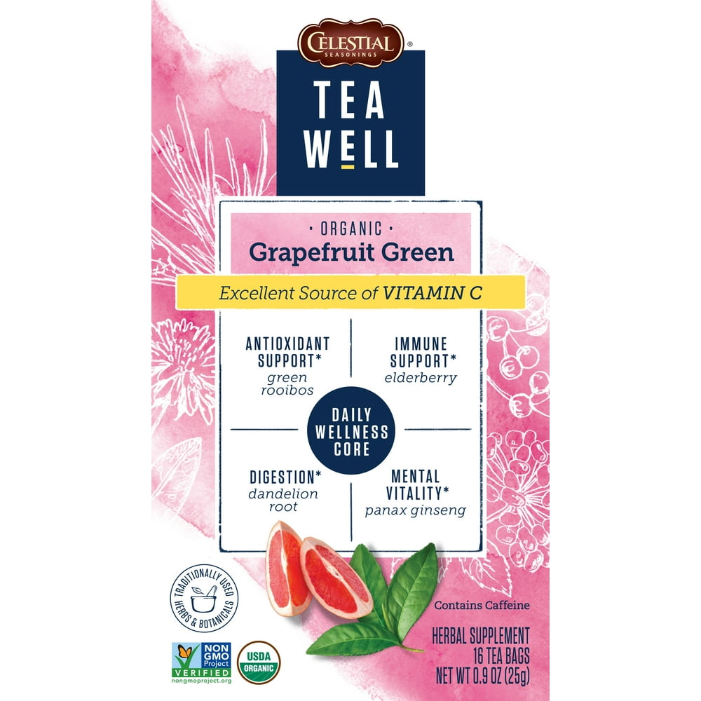 TeaWell Green Tea with Grapefruit with Vitamin C, Tea Bags, 16 Ct Box