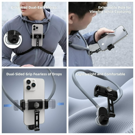 Neck Phone Holder POV/Vlog Neck Mount for Phones with Phone Clip, Hands Free Phone Neck Holder w Chest Strap Neck Selfie Mount Video Recording for iPhone Samsung Google Pixel and All Phones