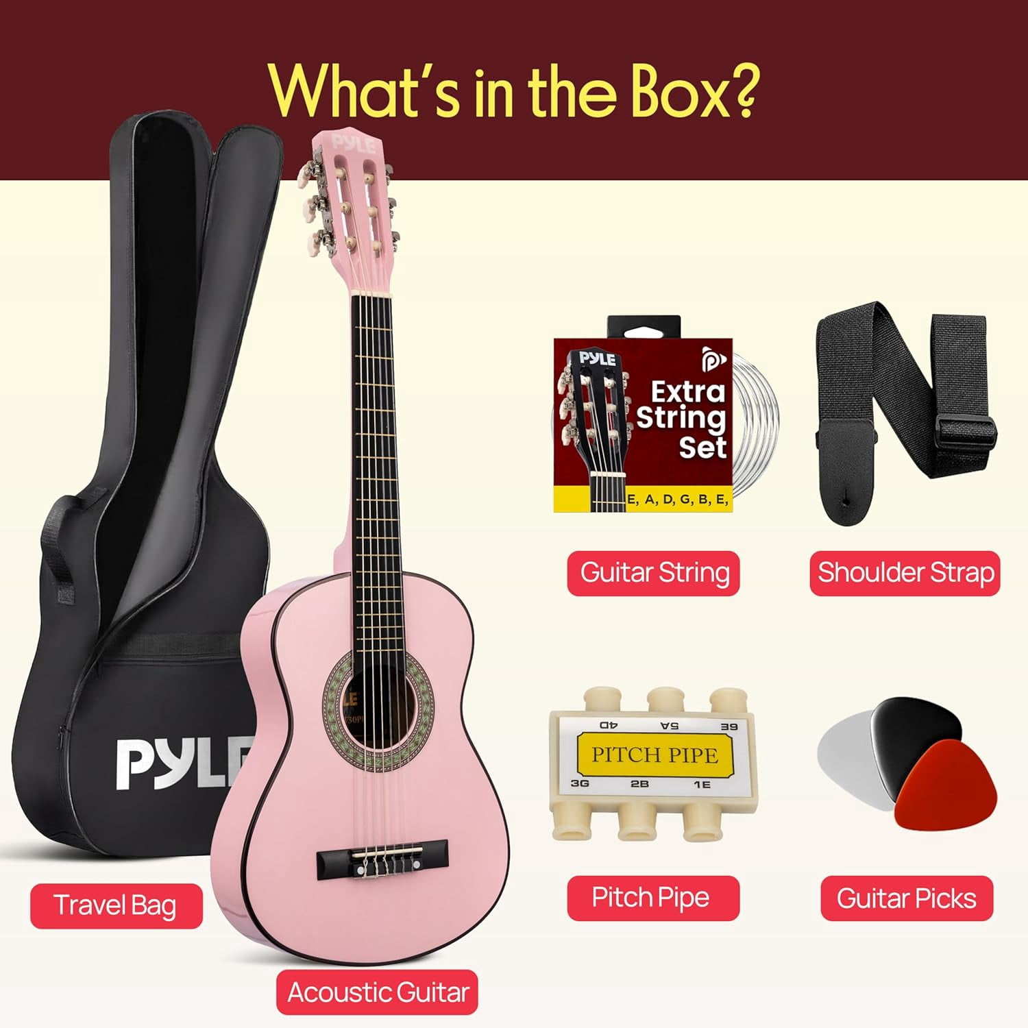 Pyle Beginner 6-String Acoustic Guitar Kit – Full-Size Guitar with Picks, Strap, Tuner & Gig Bag, Complete Starter Set for Easy Learning (Pink)