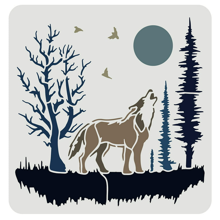 1pc Wolf Stencil for Painting 30x30cm Plastic Forest Trees Craft Stencils  Moon Birds Large Stencil Forest Wolf Stencils Template