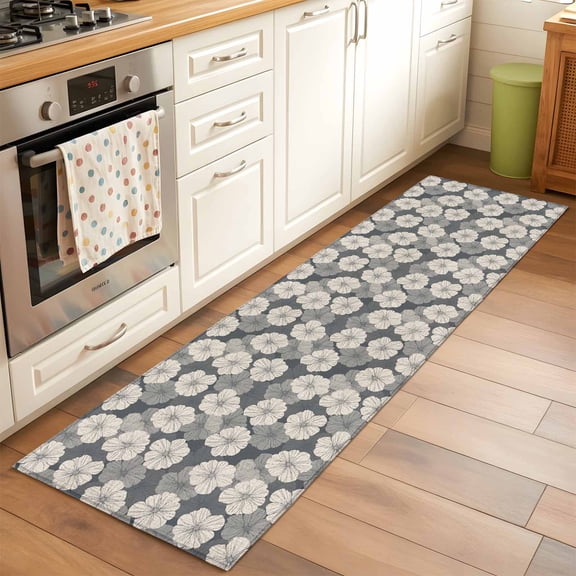 2'x6' Rug Runners for Hallways Kitchen, Gray Flowers Non Slip Entryway Beside Floor Carpet Runner, Vintage Country Pastoral Botanical Floral Washable Laundry Room Bedroom Throw Rugs Mat