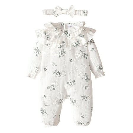 

KIMI BEAR Newborn Baby Girls Romper Outfits 9 Months Newborn Girls Fall Winter Clothes 12 Months Girls Cute Floral Ruffle Collar Long Sleeve Romper Headband 2PCs Set White