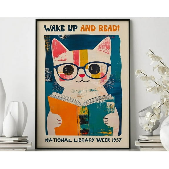 Cat Reading Poster, Wake Up And Read, National Library Wall Art, Cute Cat Print, Wall Decor, Reading Art Print #2 Wall Art, Modern Wall Decor, 8x12 UNFRAMED