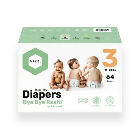 PARASOL Clear+Dry Disposable Diapers | RashShield Protection Leakproof Design Hypoallergenic | Size 3 (16-28 lbs) Box of 64 Count