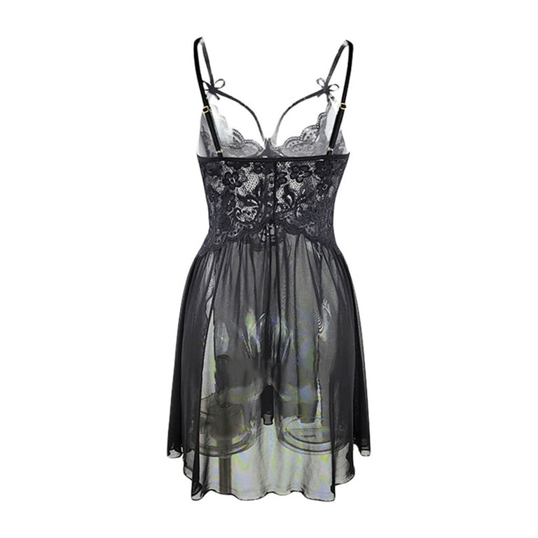 wybzd Lingerie for Women Lace Babydoll Nightgown Mesh Chemise Teddy  Nightwear Side Split Sleepwear Black M