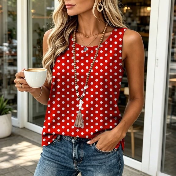 FDGIU Women's Round Neck Polka Dot Print Sleeveless Tank Top, Loose Split Side Curved Hem Lightweight Woven Casual Camisole