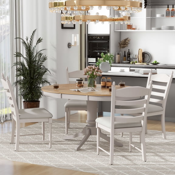 5-Piece Retro Functional Dining Table Set - Wood Round Extendable Table and 4 Upholstered Chairs for Dining Room, Kitchen, Family Bistro