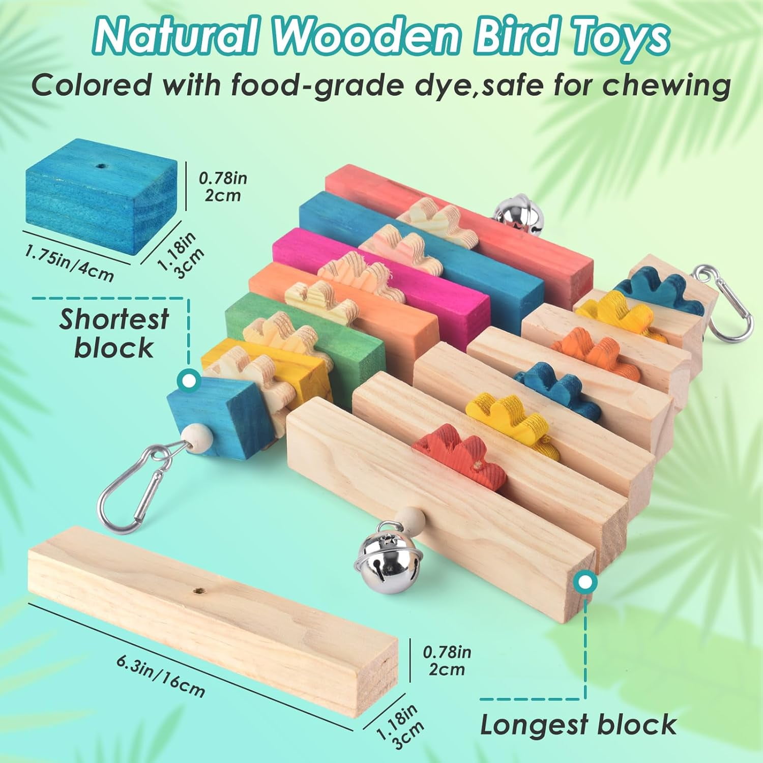 Bird Toys, Colorful Natural Hanging Chew Wood Block with Bell for Parrots