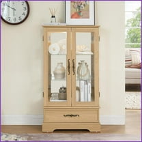 Curio Display Cabinet, American Retro Lighted Glass Cabinet with Adjustable Shelves, 2 Doors & 1 Drawer | Oak