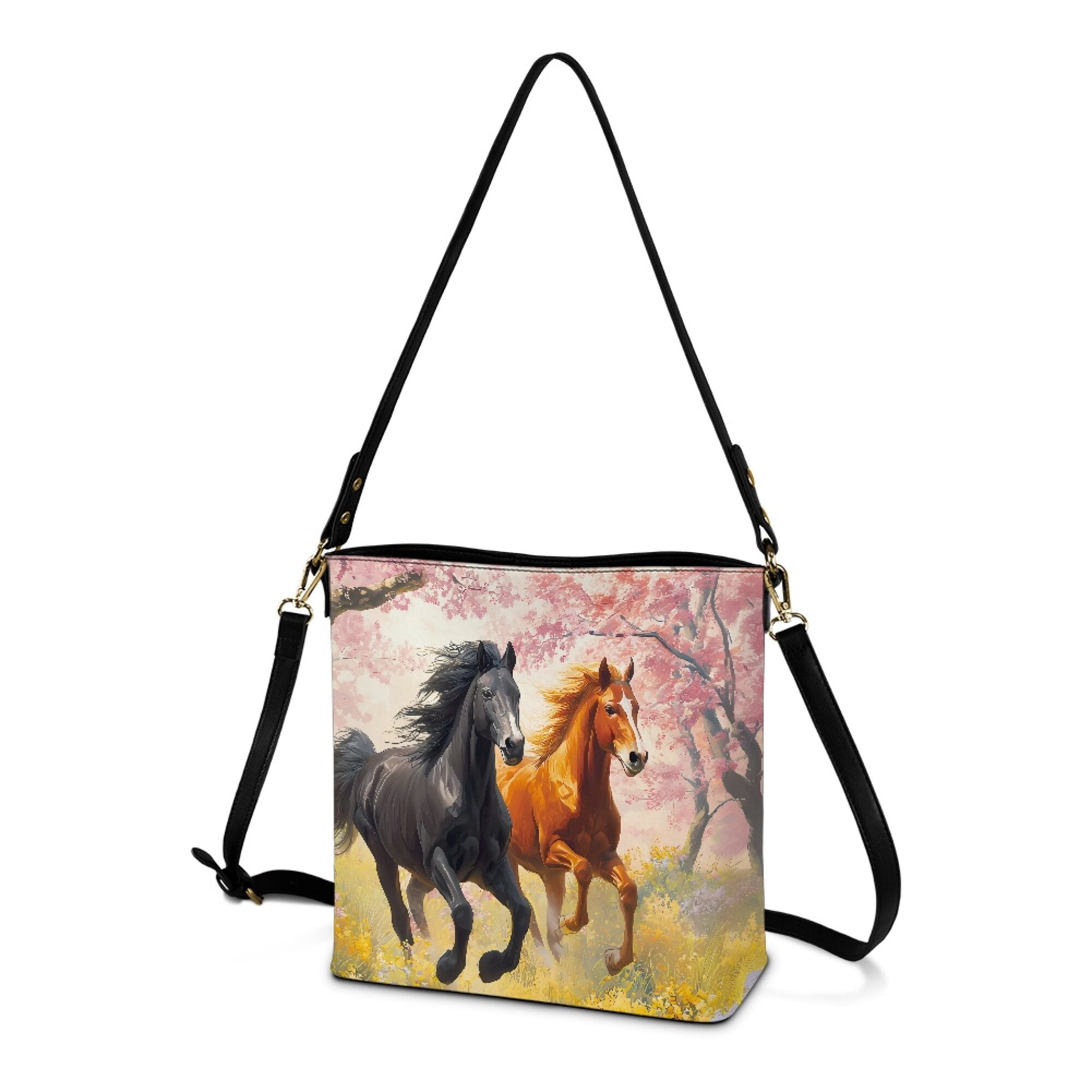 Kuiaobaty Horse Print Bucket Crossbody Bag for Women Lady, Cherry Blossom Print Vegan Leather Bucket Tote Bag with Adjustable Strap, Lightweight Hobo Satchel Purse Crossbody for Travel