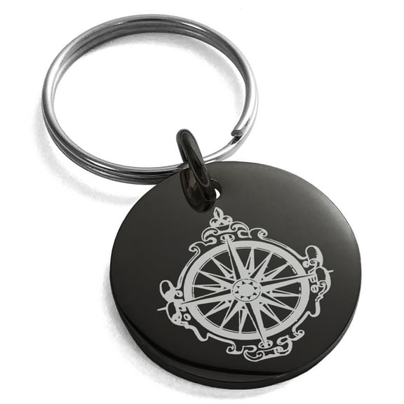 Stainless Steel Nautical Antique Royal Compass Engraved Small Medallion Circle Charm Keychain Keyring