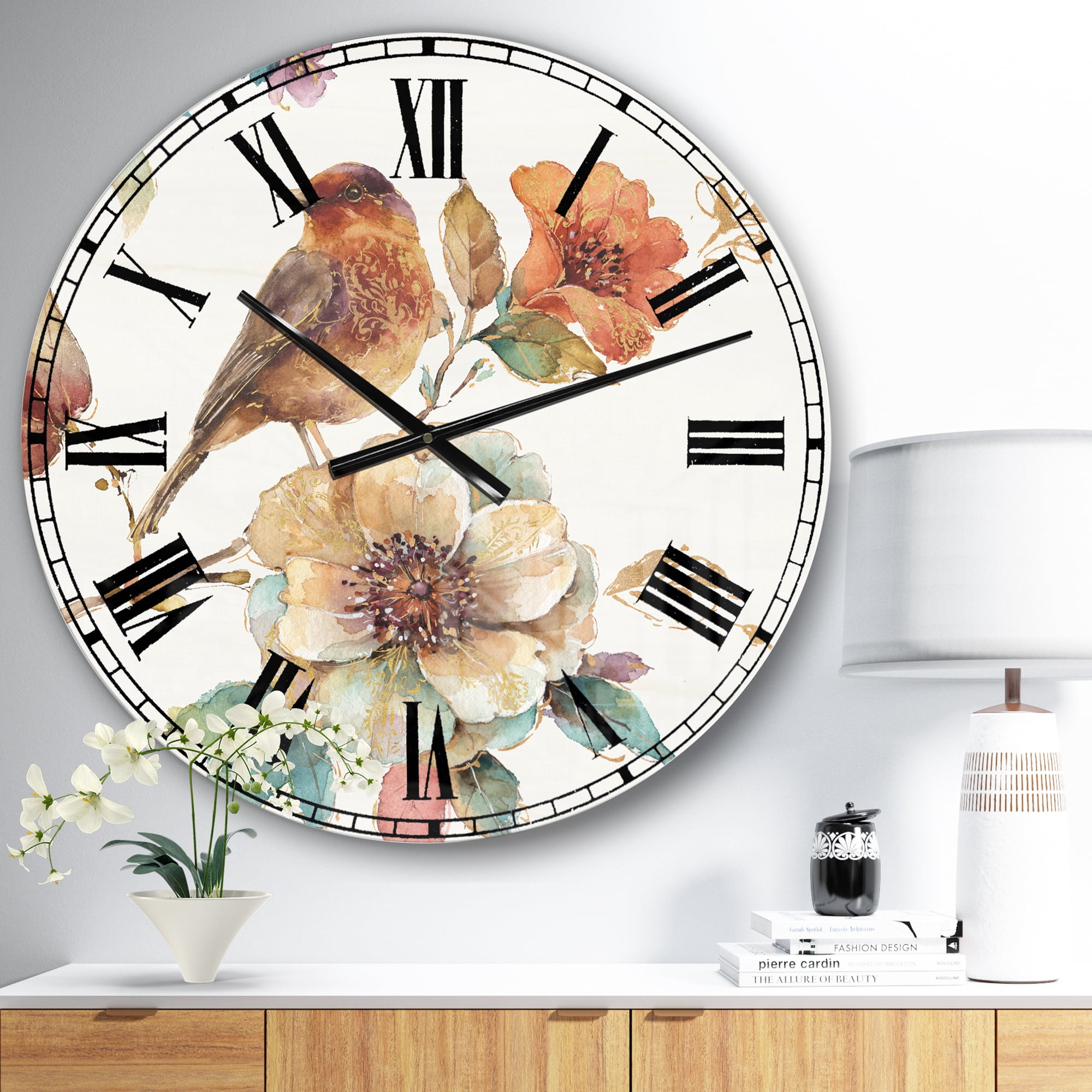 Designart 'Farmhouse Bird on Flower Branch' Farmhouse wall clock