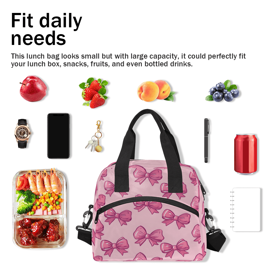 Herdesigns Bow Insulated Lunch Bag for Women Men Adults Large Reusable Lunch Box Pink Leakproof Cooler Tote Bags with Adjustable Shoulder Strap