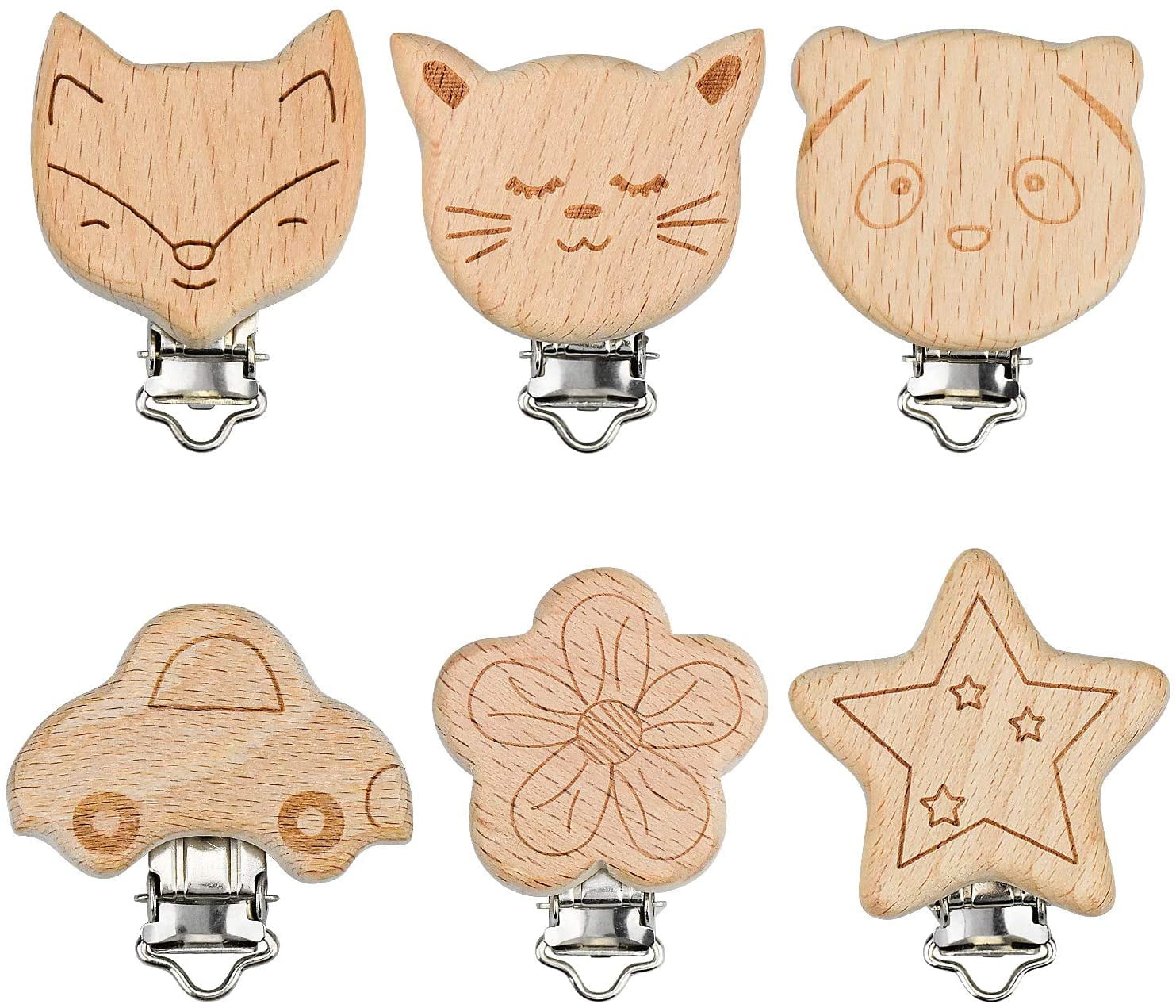 6 Pcs Wooden Pacifier Clip Kit, Cute Pacifier Clips Holder, Diy