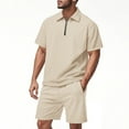 thumbnail image 5 of FRSASU Men's 2 Piece Sweatsuits Outfits Jacquard Checkerboard Short Sleeve Zip Polo Shirt Sweatshirt Joggers Sweatshorts Tracksuit Set Khaki, 5 of 8