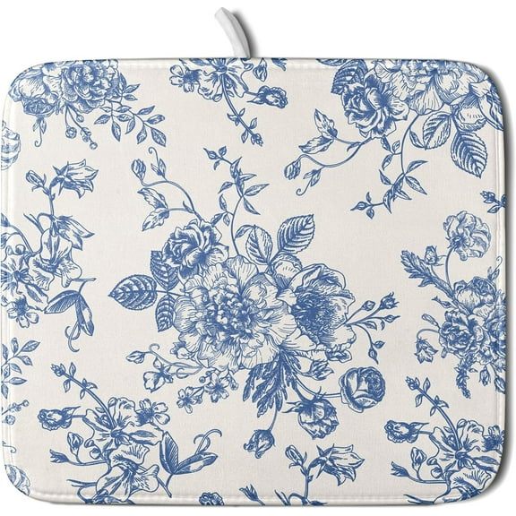 Vintage Blue Floral Dish Drying Mat for Kitchen Counter 18x24 Inch Chinoiserie Flowers Absorbent Reversible Microfiber Dish Pad Dish Drainer Rack Mats Countertops Protector Mat