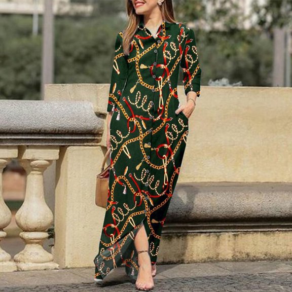 Lilgiuy Women's Casual Turn-down Collar Long Sleeve With Pocket Printed Long Dresses Hawaiian Beach Vacation Swing Dress