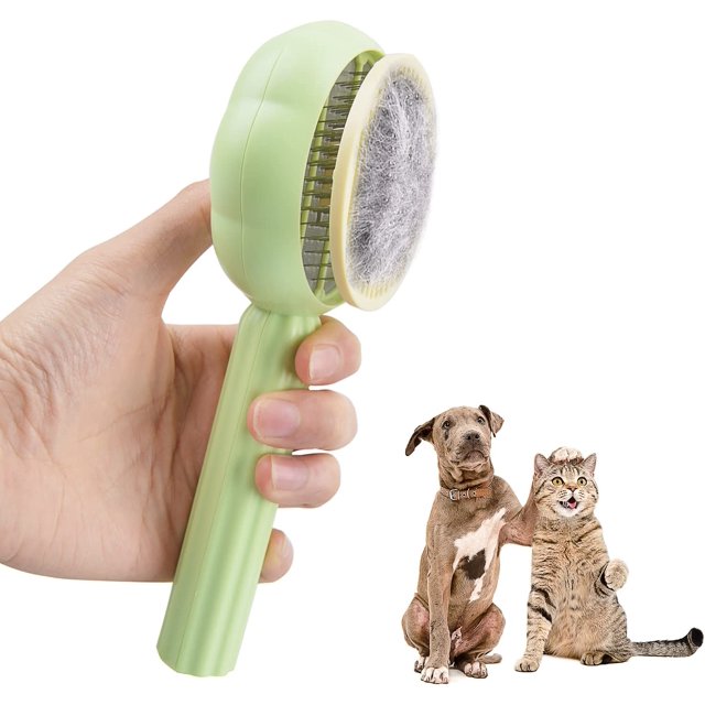 Cepillo para gatos con forma de girasol para perros (verde), cepillo de belleza con peine para gatos para perros y mascotas, herramienta de cepillo para mascotas con botón de limpieza, adecuado para gatos de pelo corto/largo, para eliminar la capa interna suelta y el pelo enmarañado Excelente Rendimiento