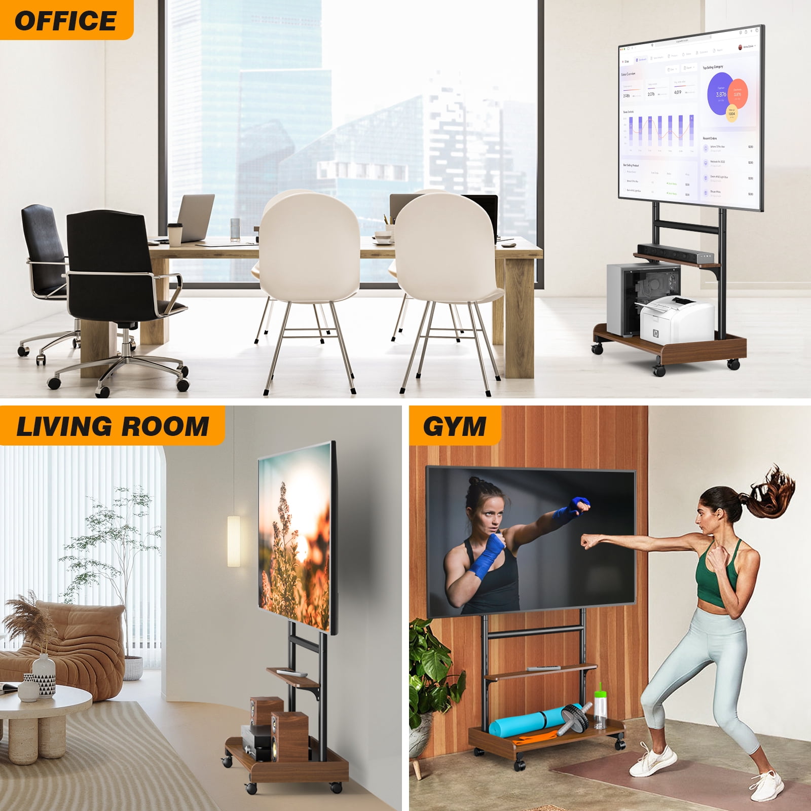RTVR Rolling TV Stand with Wheels for 40-86 inch Screens, Height Adjustable Mobile TV Stand with Wooden Storage Shelf, Holds up to 150 lbs, Brown