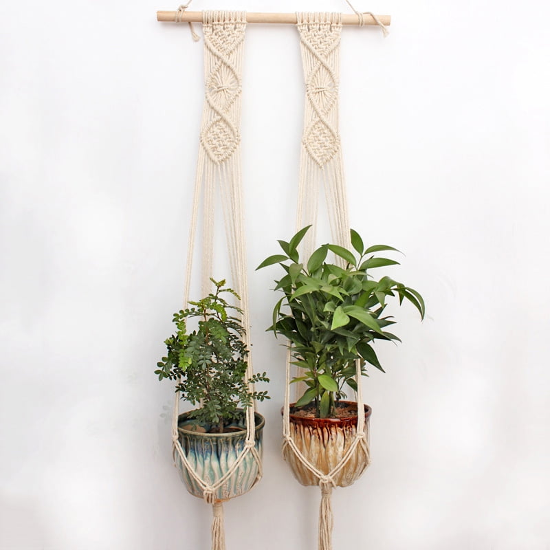 Macrame Plant Hanger Indoor Outdoor Hand Knit Hanging Planter Wood