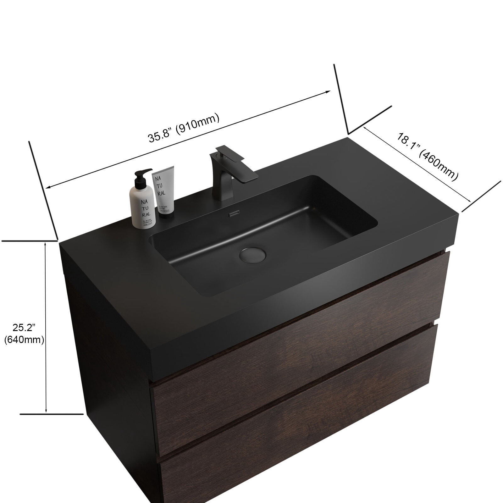 Vanity With Sink, BB02-36-109, Integrated engineered quartz basin WITHOUT drain and faucet, matte black color, Matt Black Bathroom Vanity,Quartz Single Sink Vanity, Bath & Faucets Bathroom Vanities