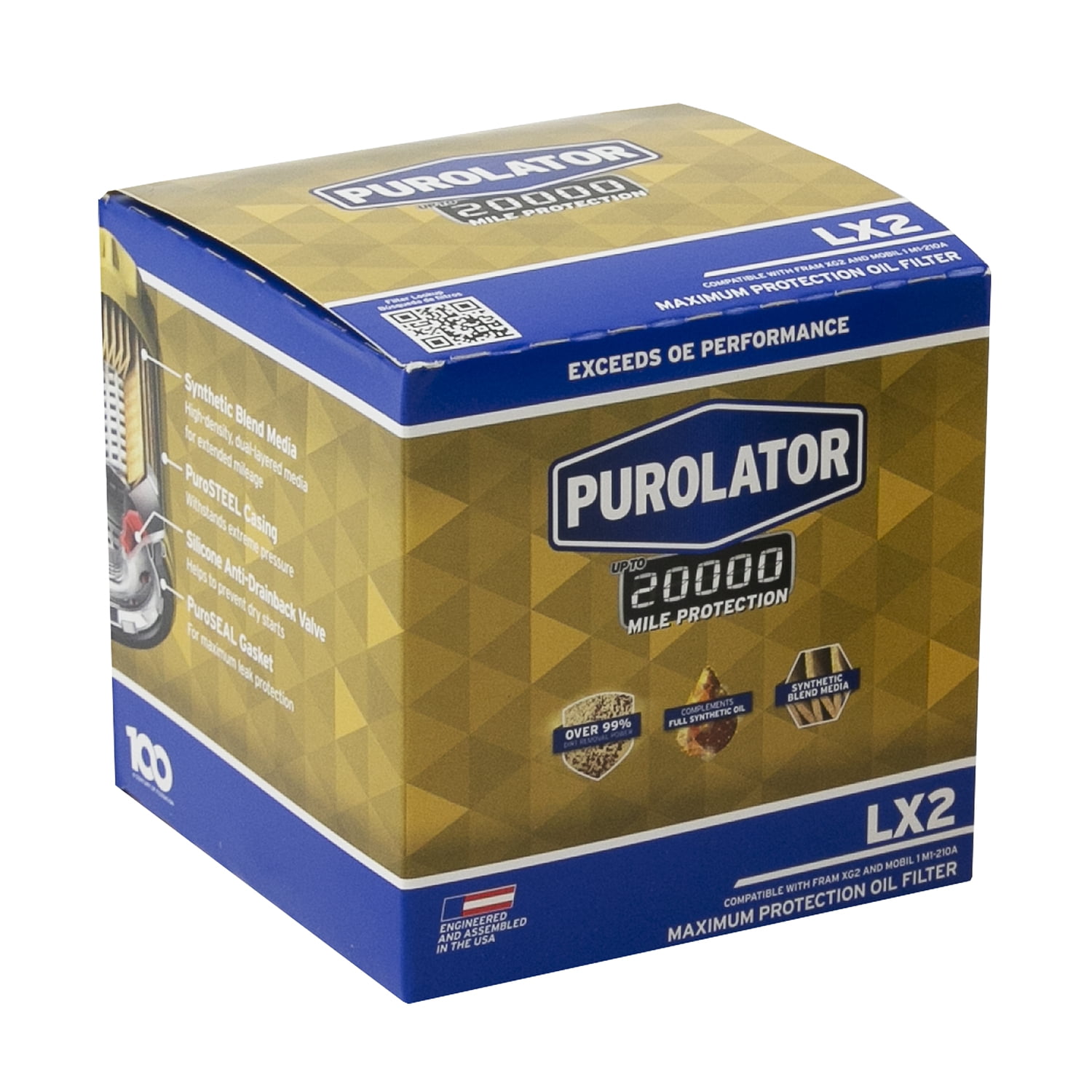 Purolator LX2 Purolator 20K Oil Filter with 20,000 Mile Protection for Select Ford, Lincoln, Dodge, and more
