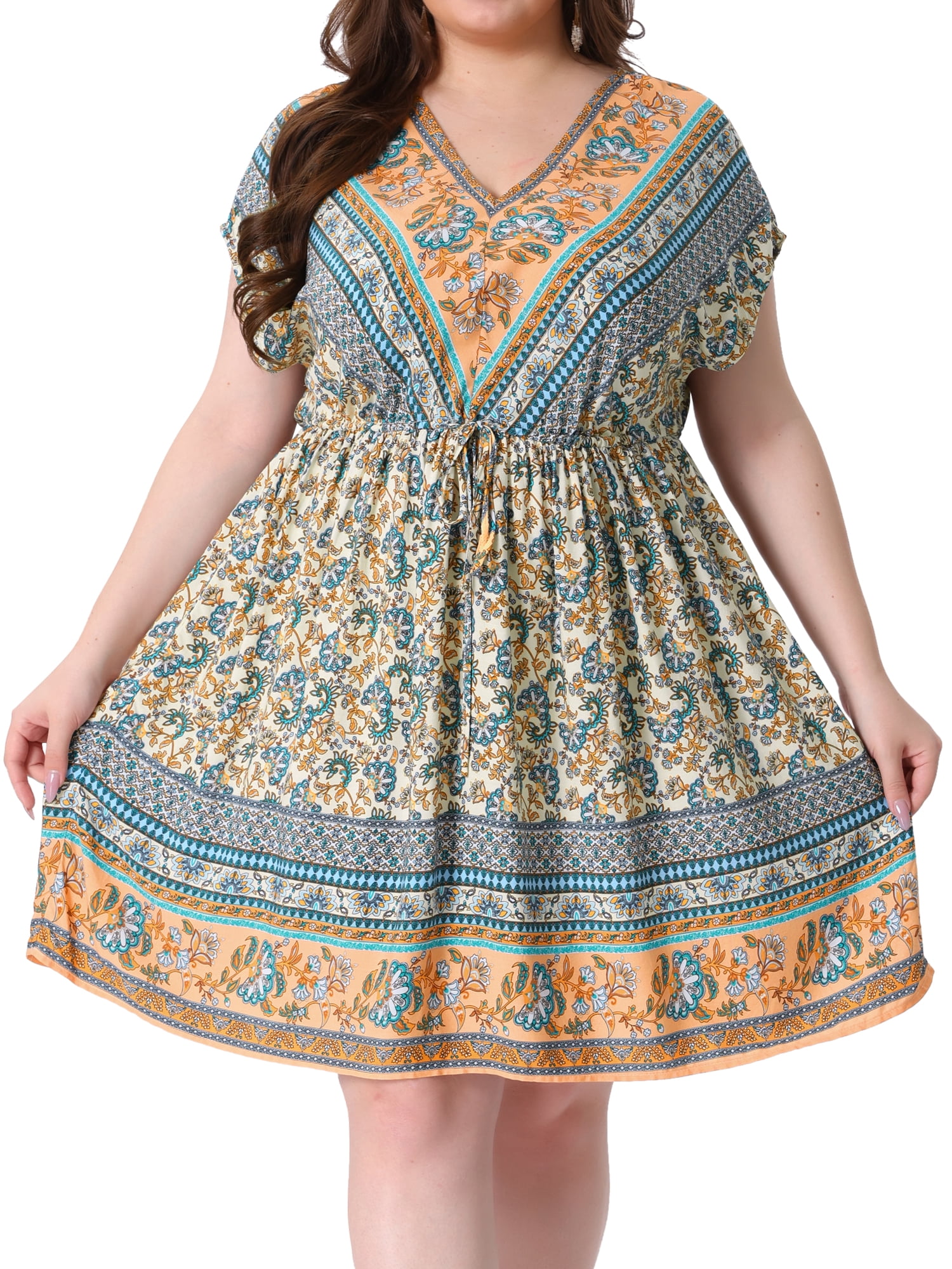 DARING DIVA Women's Plus Size V Neck Drawstring Waist Floral Dress 2X Beige