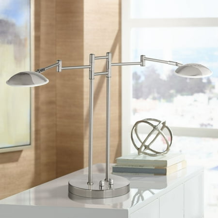 2 Light Swivel Possini Euro Design Modern Swing Arm Desk Table Lamp 2 Light LED Satin Nickel Swivel Head Dimmer Switch for Bedroom Bedside Office ()