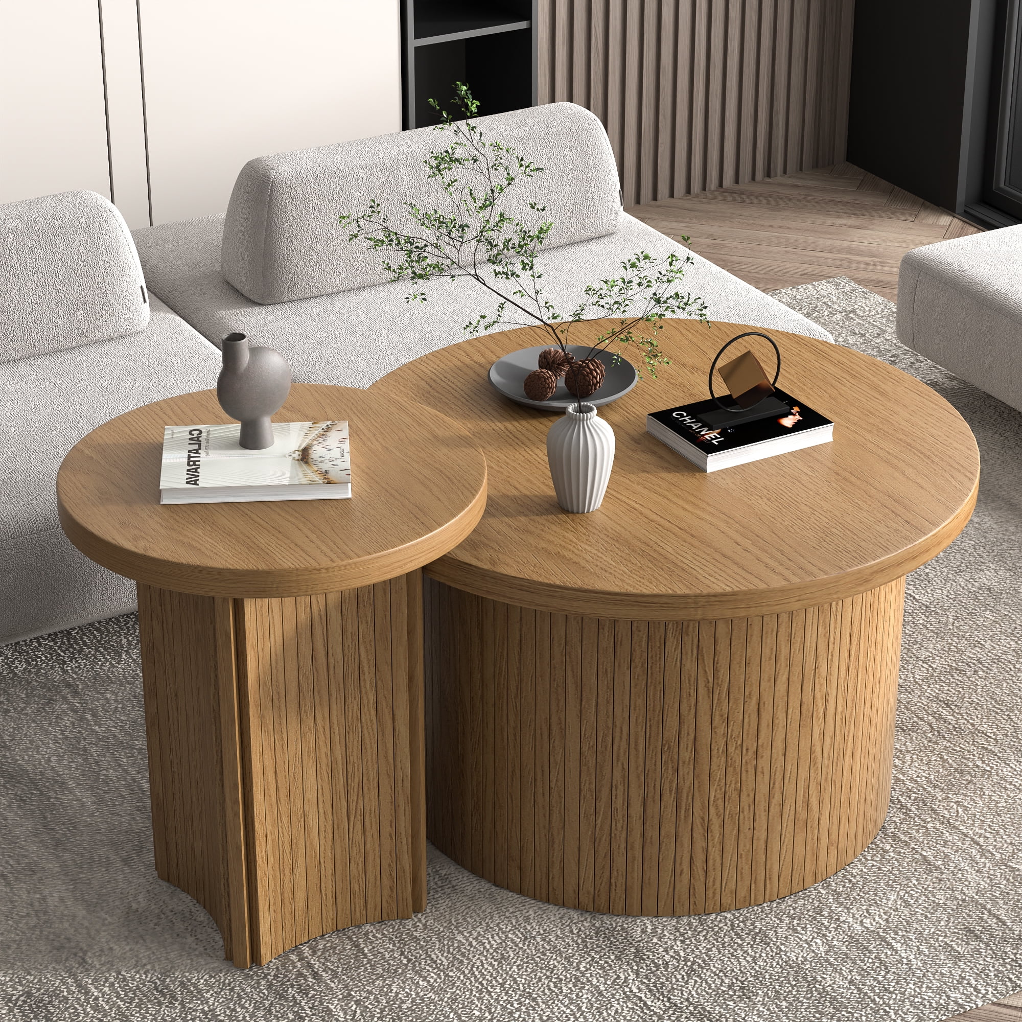 OUBAYAJIA Nesting Coffee Table Set of 2, Round Table, Modern Wooden Coffee Table End Side Table for Living Room Bedroom Balcony