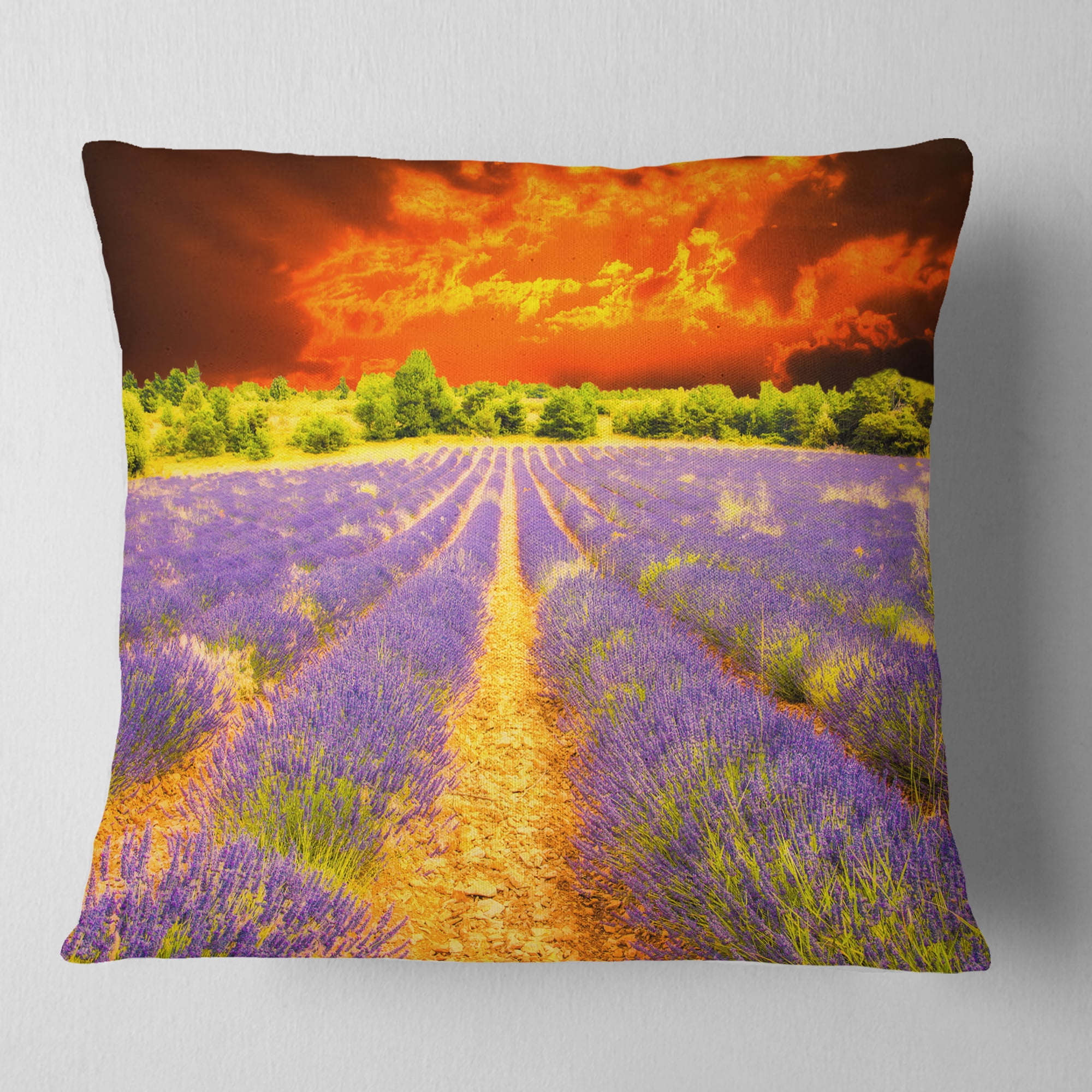Designart Beautiful Lavender Field and Sunset - Floral Throw Pillow - 18x18