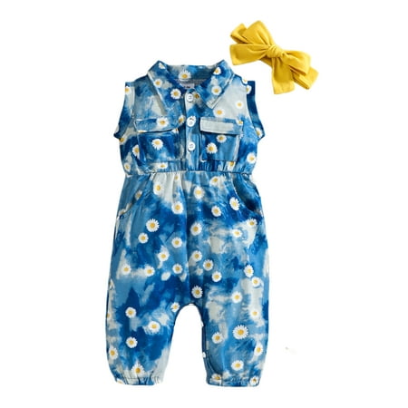 

wdehow Baby Girl s Two-Piece Suit Tie-Dye Daisy Print Sleeveless Turn-Down Collar Pocket Romper + Headband