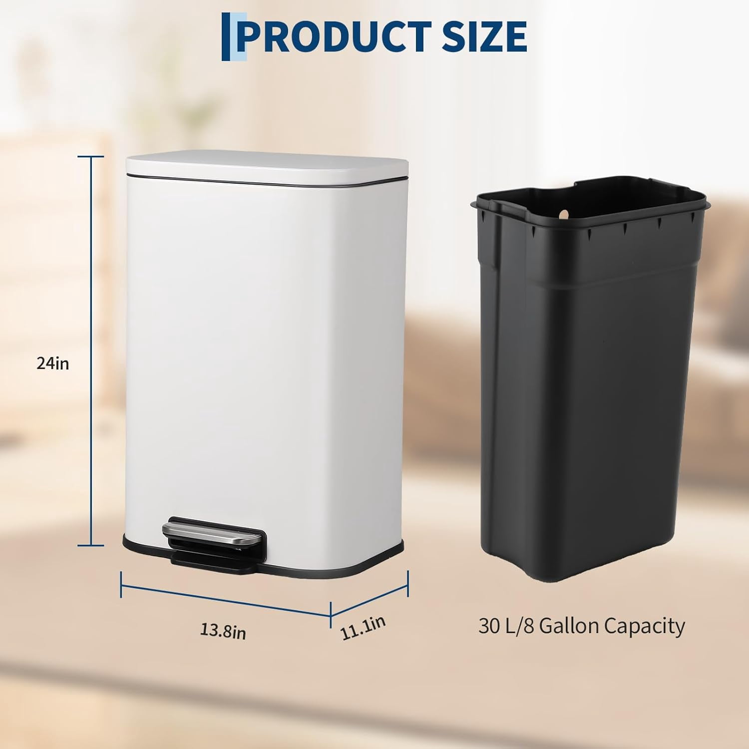 Trash Can for Kitchen, Stainless Steel Step Trash Can with Soft-Close Lid & Removable Inner Bucket, Rectangular Garbage Can for Office Bathroom Living Room