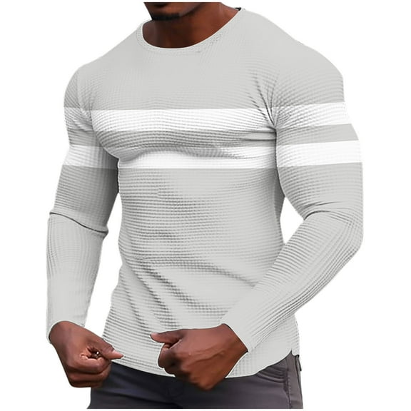 GuangCheng Mens T-Shirts,Striped,Long Sleeve,Thermal,Slim Fit,Breathable,Soft,Stretch,Moisture-Wicking,Textured Knit,Casual Tees,Gray,Size 4XL
