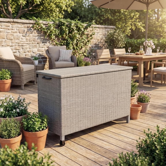 Senfot Rattan Storage Box, Iron   Rattan, Waterproof Outdoor Storage for Patio Garden Tools Gray