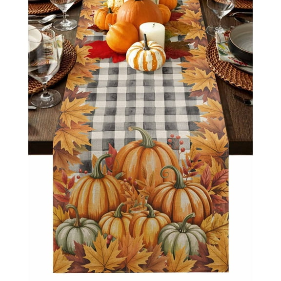 Thanksgiving Pumpkin Maple Leaves Table Runner-36 Inch Long Vintage Black Plaid Table Runners Linen Burlap Tablerunner for Kitchen Dining Room Holiday Party