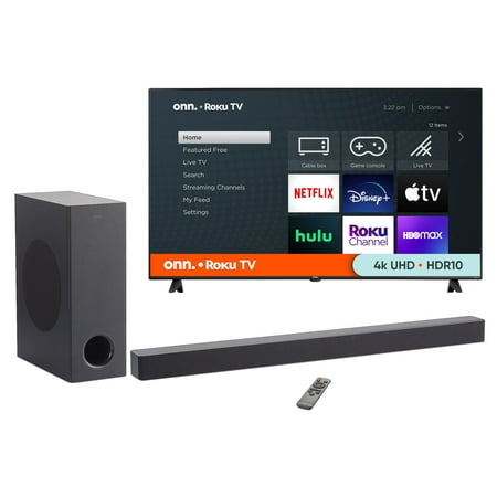 Onn. 65" 4K Roku TV with onn. 3.1 Atmos Soundbar with Wireless Subwoofer, 37"