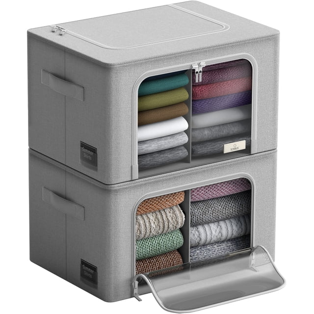 Sorbus Storage Bin Set with Divided Interior, Foldable Stackable Container Organizer Basket Set with Large Clear Window & Carry Handles, for Bedding, Linen, Clothes (Two Section - Gray)