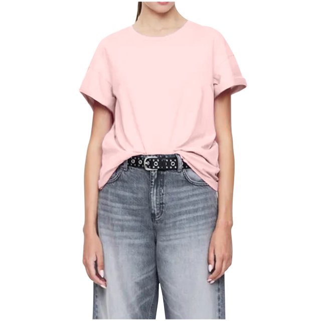 Camisetas de Cuello en V de Algodón de Mujer de Manga Corta de Ajuste Suelto, Camisa de Cuello Redondo de Color Sólido de Moda