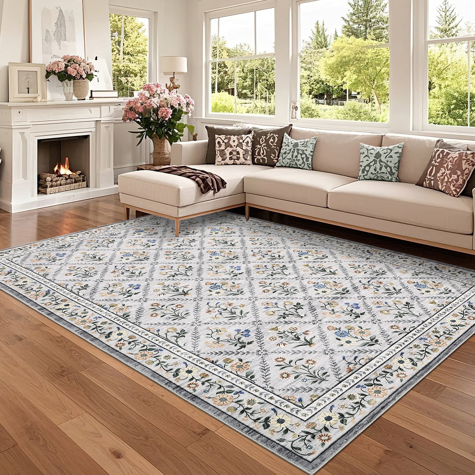 Senfot 10x13 Floral Print Area Rug Machine Washable Non-Slip Stain Resistant Low Pile Bordered Farmhouse Rug for Living Room Bedroom Home Office Gray
