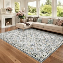 Hasoo Washable Living Room Area Rug 9x12 Large Modern Geometric Floral Non-Slip Soft Foldable Indoor Gray Carpet