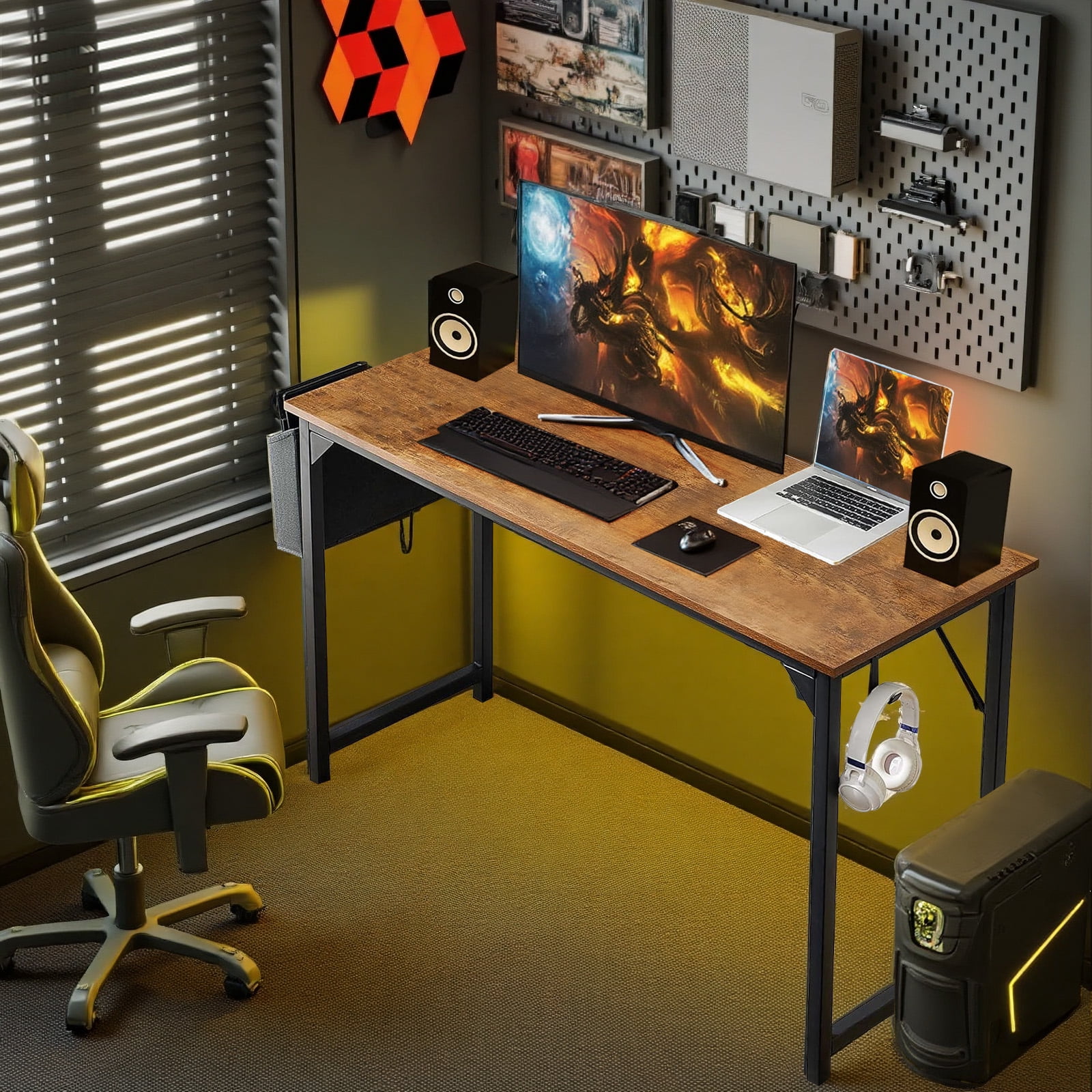 Atilioo 47" Sturdy Computer Desk, Ergonomic Work Study Writing Table with Storage Bag & Iron Hook, Rustic Brown