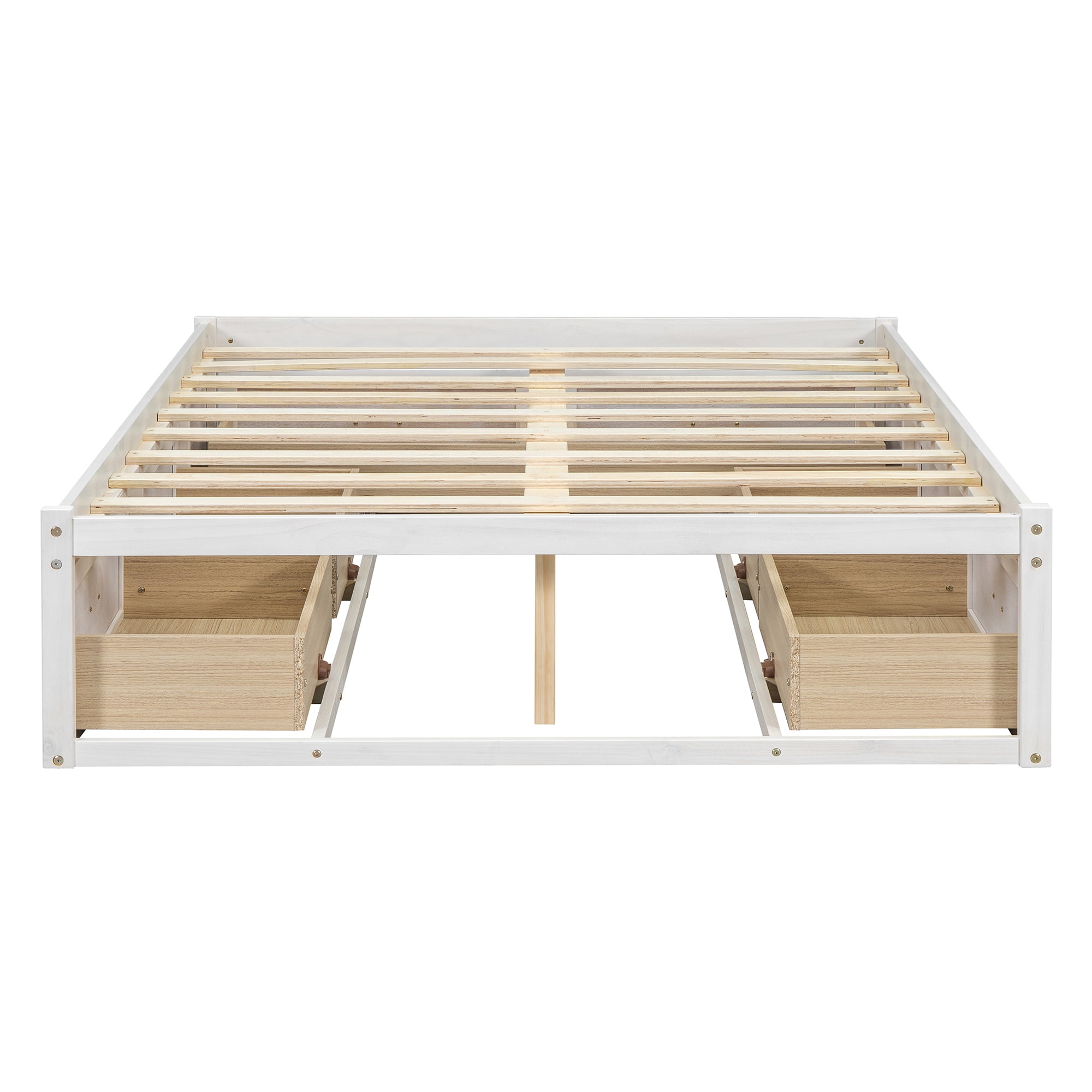 Euroco Wood Full Size Platform Bed with 6 Drawers for Kids Teens Adults, Antique White