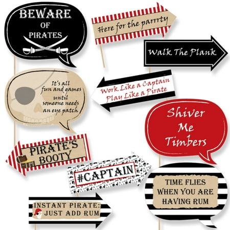 Funny Beware of Pirates - Pirate Birthday Party Photo Booth Props Kit - 10 Piece
