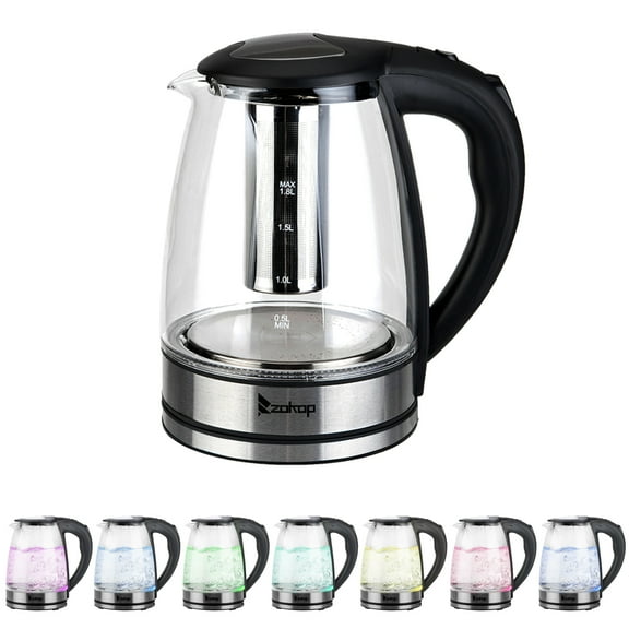 110V 1200W 1.9Qt Electric Glass Kettle with Color Changing LED Lights, Auto Shut-Off & Boil-Dry Protection, Fast Boiling Hot Water Kettle for Tea, Coffee, US Plug