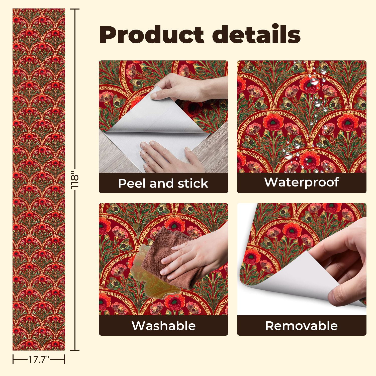 Peel and Stick Wallpaper Vibrant Floral Art Nouveau Rich Red Gold Accents Wall Mural 17.7in x 9.8ft Self Adhesive Removable Wall Paper Renter Friendly Wallpaper for Bedroom Livingroom Office