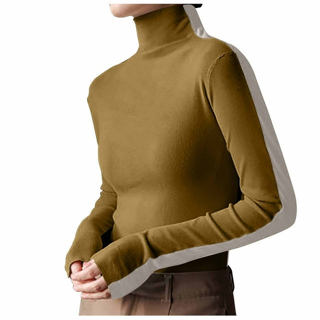 Yuyuzo Women's Long Sleeve T Shirts Turtleneck Pullover Tight Slim Tops Color Block Basic Tees Shirts