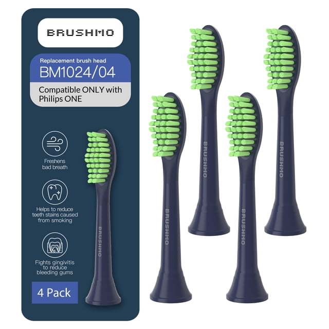 Brushmo Cabezales de Repuesto One con Limpiador de Lengua, Compatibles Únicamente con Philips One by Sonicare, Cerdas Suaves DuPont, Paquete de 4, Azul Marino Medianoche.