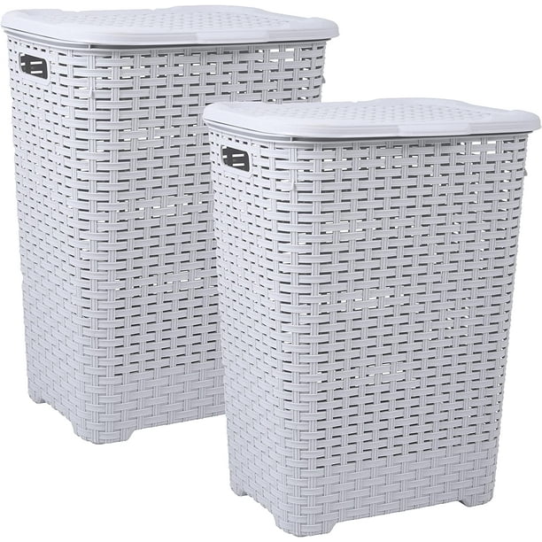 Superio 60L Large Wicker Plastic Laundry Hamper with Lid White Smoke