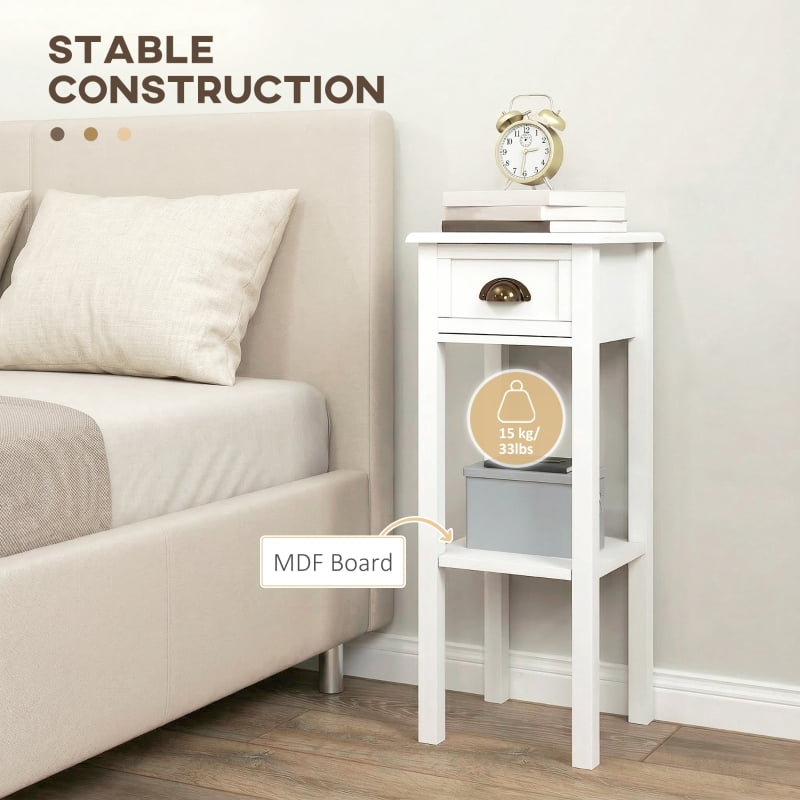 HOQBN 2-Tier Side Tables Set of 2 with Drawer and Shelf, 2-Piece Bedside Table Set for Living Room and Hallway, White